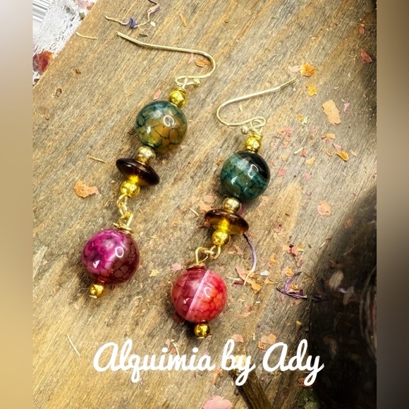 Gold Victorian style Indian agate and Amber statement chunky earrings - Picture 1 of 6